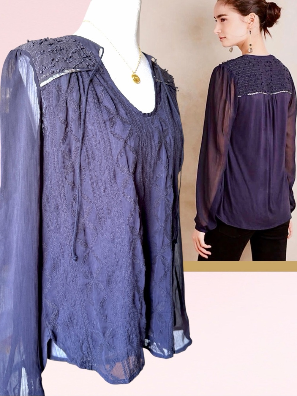 Anthropologie Tiny "Paix" Navy Embroidered Peasant Boho Blouse